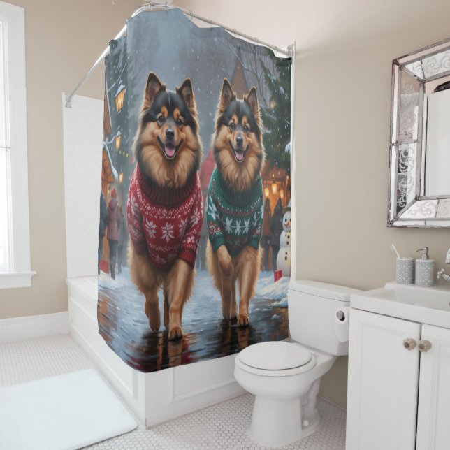 Keeshond Dogs Christmas Snow Holiday Shower Curtain (In Situ)