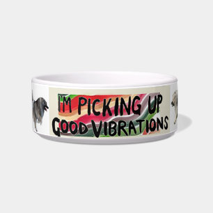 Keeshond food bowl with "Good Vibrations" logo