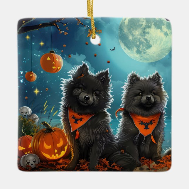 Keeshond Halloween Spooky Ceramic Ornament (Front)