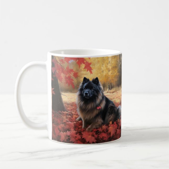 Keeshond in Autumn Leaves Fall Inspire  Coffee Mug (Left)