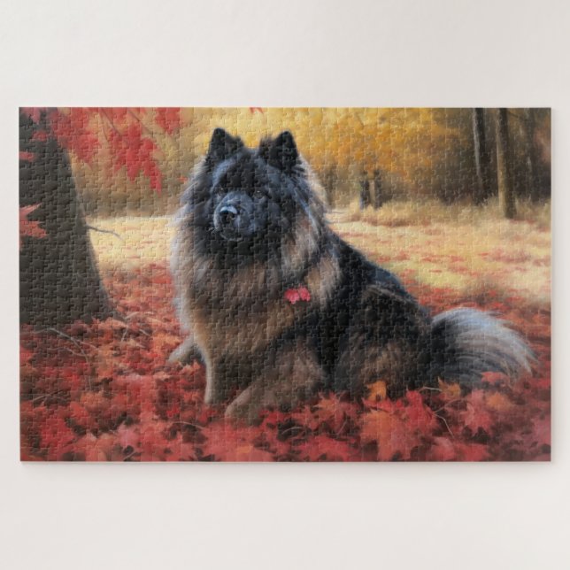 Keeshond in Autumn Leaves Fall Inspire  Jigsaw Puzzle (Horizontal)