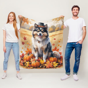 Keeshond In Autumn Leaves Thanksgiving Art Fleece Blanket