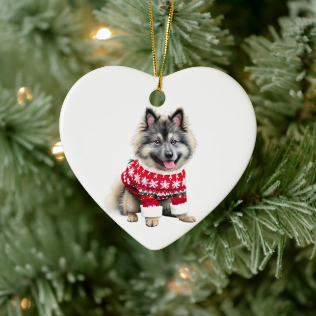 Keeshond in Christmas Sweater Ceramic Ornament (Tree)