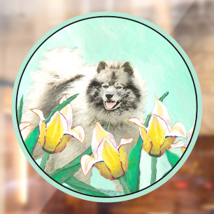 Keeshond in Tulips Painting Cute Original Dog Art