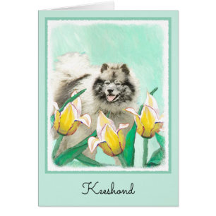 Keeshond in Tulips Painting Cute Original Dog Art