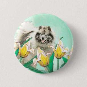 Keeshond in Tulips Painting Cute Original Dog Art 6 Cm Round Badge