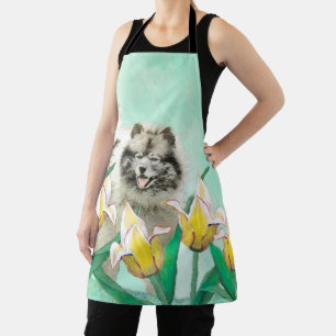 Keeshond in Tulips Painting Cute Original Dog Art Apron