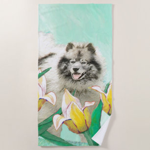 Keeshond in Tulips Painting Cute Original Dog Art Beach Towel