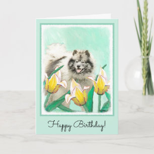 Keeshond in Tulips Painting Cute Original Dog Art Card