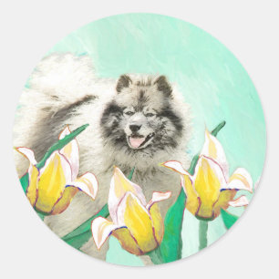 Keeshond in Tulips Painting Cute Original Dog Art Classic Round Sticker