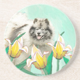 Keeshond in Tulips Painting Cute Original Dog Art Coaster