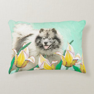 Keeshond in Tulips Painting Cute Original Dog Art Decorative Cushion