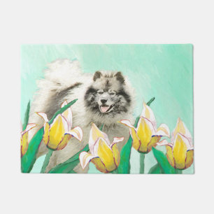 Keeshond in Tulips Painting Cute Original Dog Art Doormat