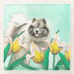 Keeshond in Tulips Painting Cute Original Dog Art Glass Coaster