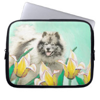 Keeshond in Tulips Painting Cute Original Dog Art