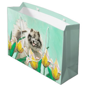 Keeshond in Tulips Painting Cute Original Dog Art Large Gift Bag