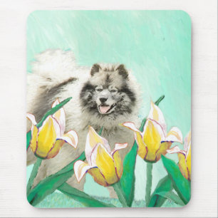 Keeshond in Tulips Painting Cute Original Dog Art Mouse Pad