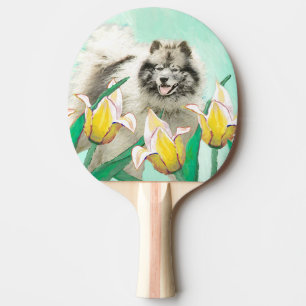 Keeshond in Tulips Painting Cute Original Dog Art Ping Pong Paddle