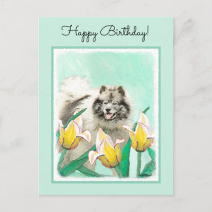 Keeshond in Tulips Painting Cute Original Dog Art Postcard