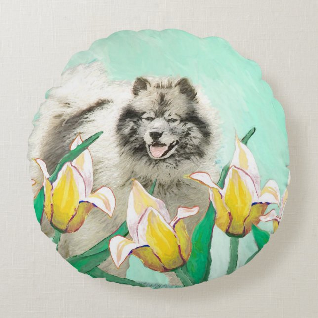 Keeshond in Tulips Painting Cute Original Dog Art Round Cushion (Front)