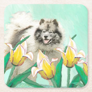 Keeshond in Tulips Painting Cute Original Dog Art Square Paper Coaster
