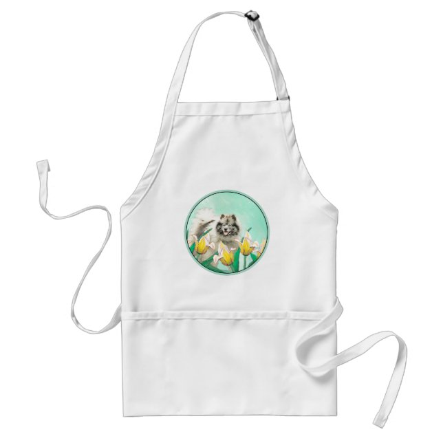 Keeshond in Tulips Painting Cute Original Dog Art Standard Apron (Front)