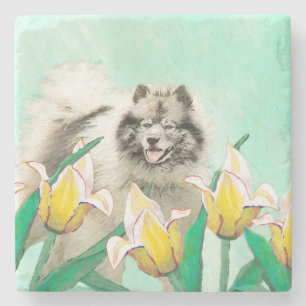 Keeshond in Tulips Painting Cute Original Dog Art Stone Coaster