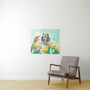 Keeshond in Tulips Painting Cute Original Dog Art Tapestry