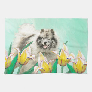 Keeshond in Tulips Painting Cute Original Dog Art Tea Towel