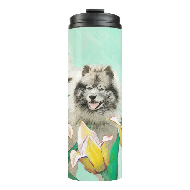 Keeshond in Tulips Painting Cute Original Dog Art Thermal Tumbler (Front)