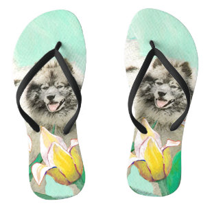 Keeshond in Tulips Painting Cute Original Dog Art Thongs