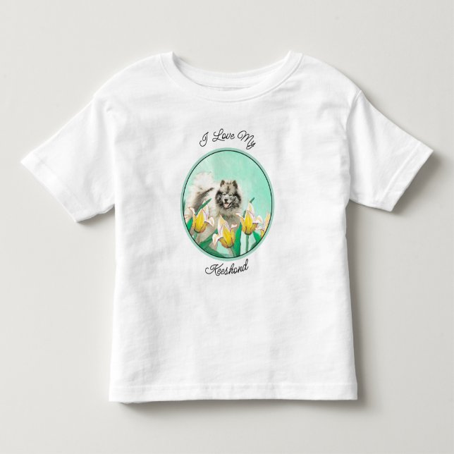 Keeshond in Tulips Painting Cute Original Dog Art Toddler T-Shirt (Front)