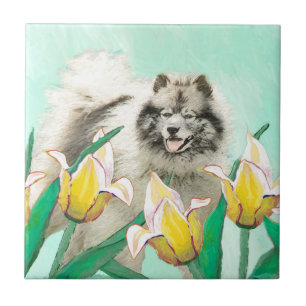 Keeshond in Tulips Painting - Original Dog Art Ceramic Tile