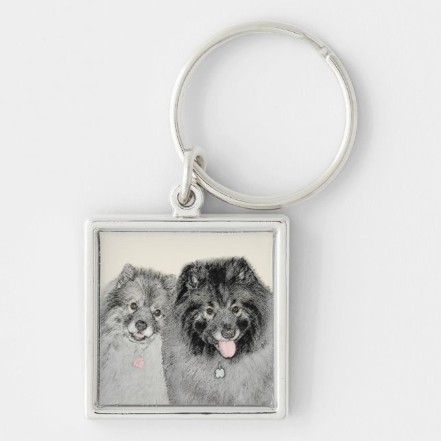 Keeshond Mom and Son Painting - Original Dog Art Key Ring (Front)