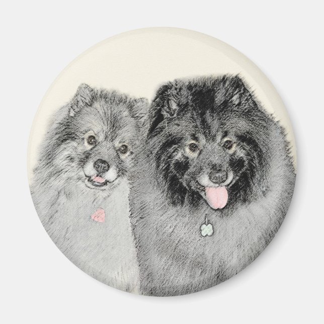Keeshond Mom and Son Painting - Original Dog Art Magnet (Front)