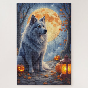 Keeshond Moonlit Halloween Portrait Art Jigsaw Puzzle