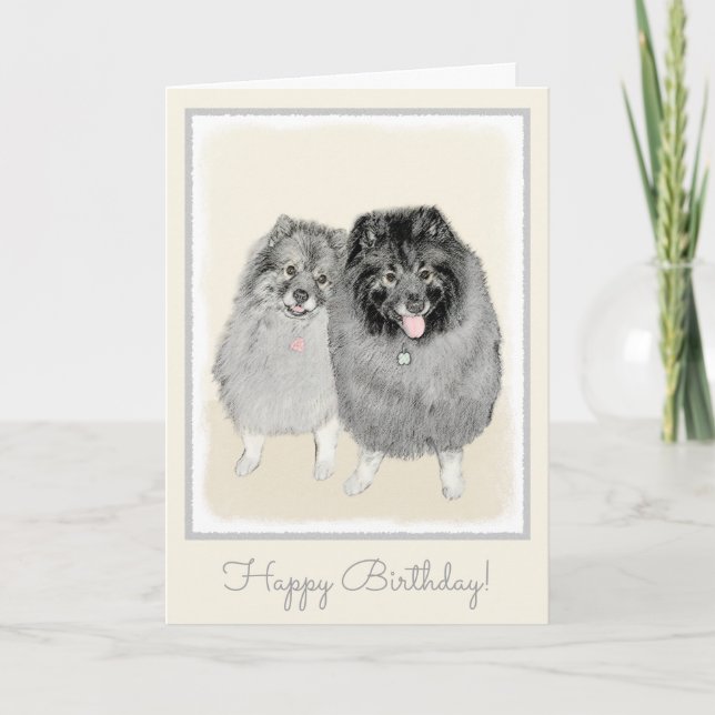 Keeshond Mum and Son Painting - Original Dog Art Card (Front)