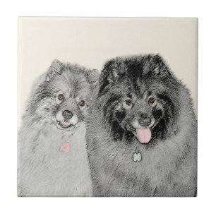 Keeshond Mum and Son Painting - Original Dog Art Ceramic Tile
