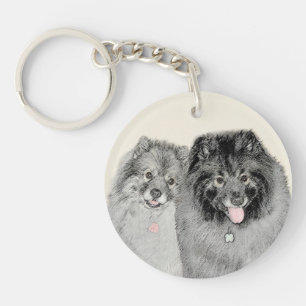 Keeshond Mum and Son Painting - Original Dog Art Key Ring