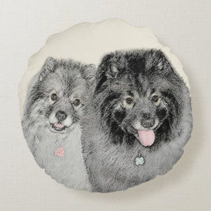 Keeshond Mum and Son Painting - Original Dog Art Round Cushion