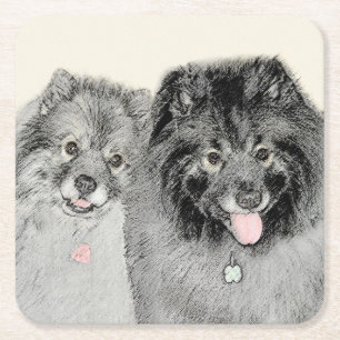Keeshond Mum and Son Painting - Original Dog Art Square Paper Coaster