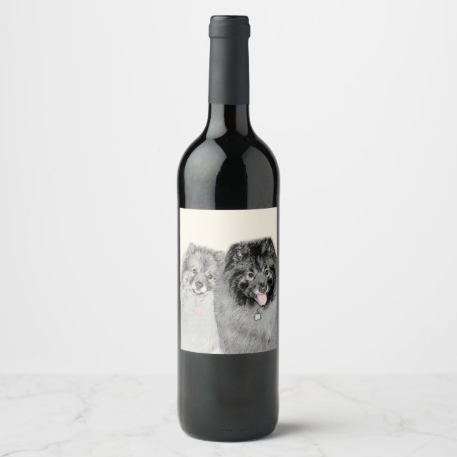 Keeshond Mum and Son Painting - Original Dog Art Wine Label (Front)