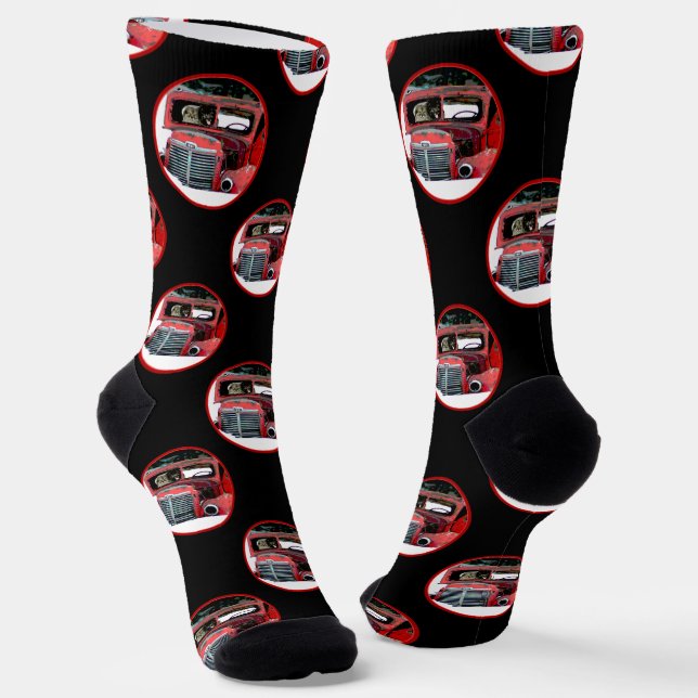 Keeshond Painting Christmas Old Red Truck Dog Art Socks (Angled)