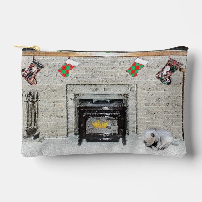 Keeshond Painting Christmas Puppy by Fireplace Art Accessory Pouch (Front)