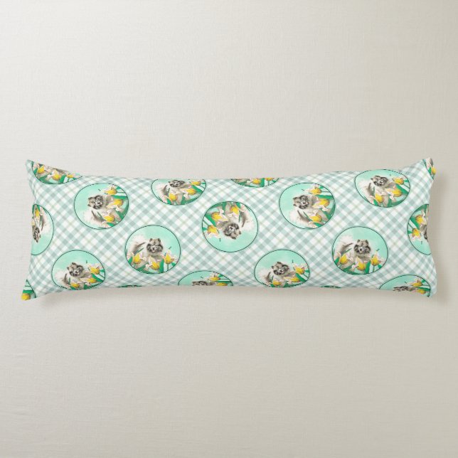 Keeshond Painting in Tulips Cute Original Dog Art Body Cushion (Front)