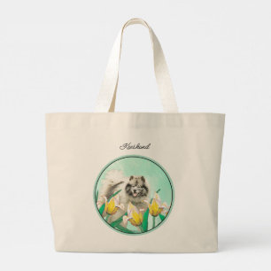 Keeshond Painting in Tulips Cute Original Dog Art Large Tote Bag