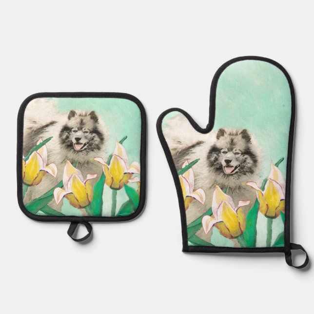 Keeshond Painting in Tulips Cute Original Dog Art Oven Mitt & Pot Holder Set (Front)