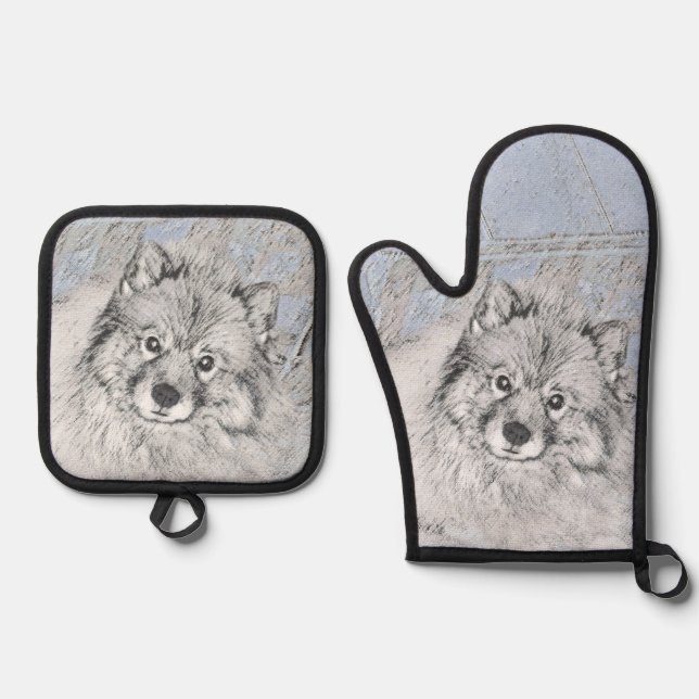 Keeshond Painting Kees Cute Original Pet Dog Art Oven Mitt & Pot Holder Set (Front)