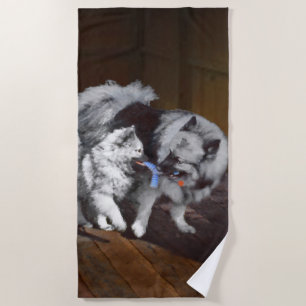 Keeshond Playtime Painting - Cute Original Dog Art Beach Towel