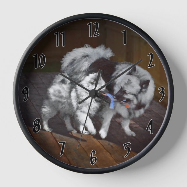 Keeshond Playtime Painting - Cute Original Dog Art Clock (Front)